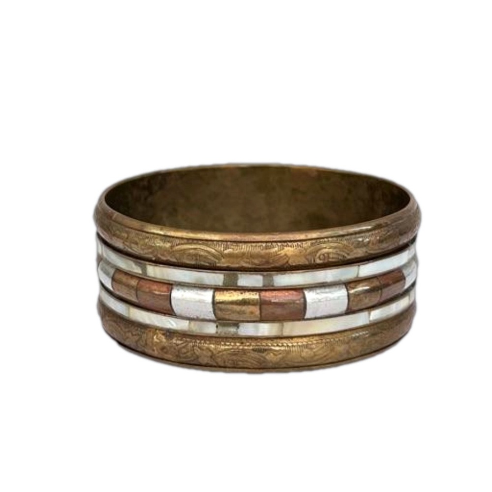Vtg Mixed Metal Floral Gold Tones Abalone Mother Of Pearl Shell Bangle Bracelet